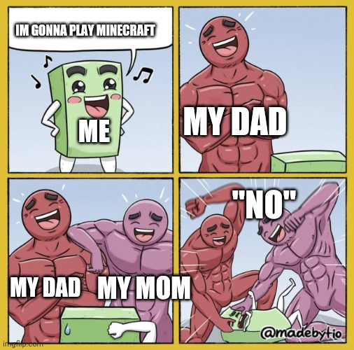 Guy getting beat up | IM GONNA PLAY MINECRAFT; MY DAD; ME; "NO"; MY MOM; MY DAD | image tagged in guy getting beat up | made w/ Imgflip meme maker