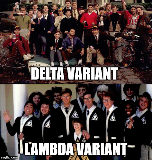  DELTA VARIANT; LAMBDA VARIANT | image tagged in covid-19,delta variant,lambda variant,fraternities,college | made w/ Imgflip meme maker