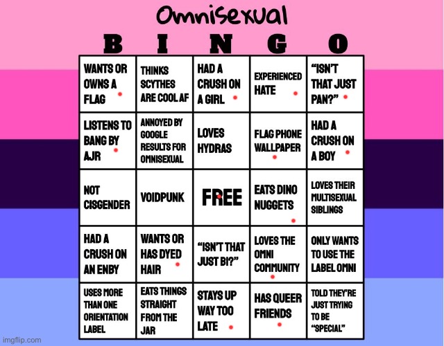 Thanks to the person who gave me the template link :) | image tagged in omnisexual bingo | made w/ Imgflip meme maker