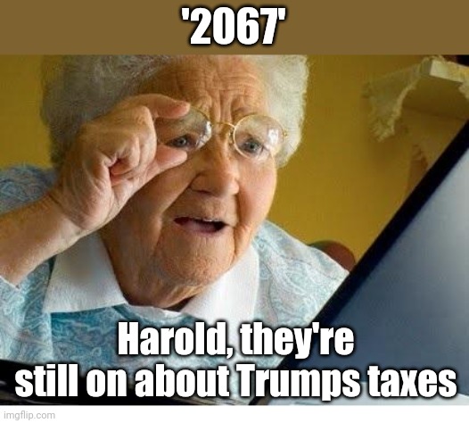 old lady at computer | '2067' Harold, they're still on about Trumps taxes | image tagged in old lady at computer | made w/ Imgflip meme maker