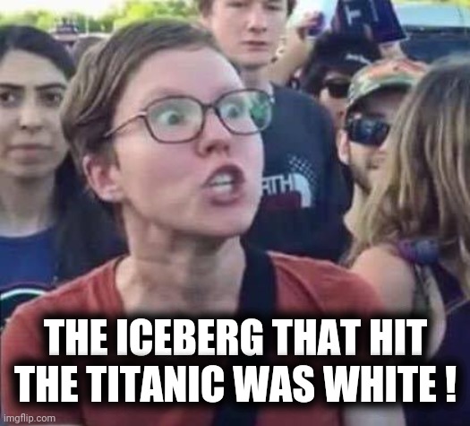 Angry Liberal | THE ICEBERG THAT HIT THE TITANIC WAS WHITE ! | image tagged in angry liberal | made w/ Imgflip meme maker