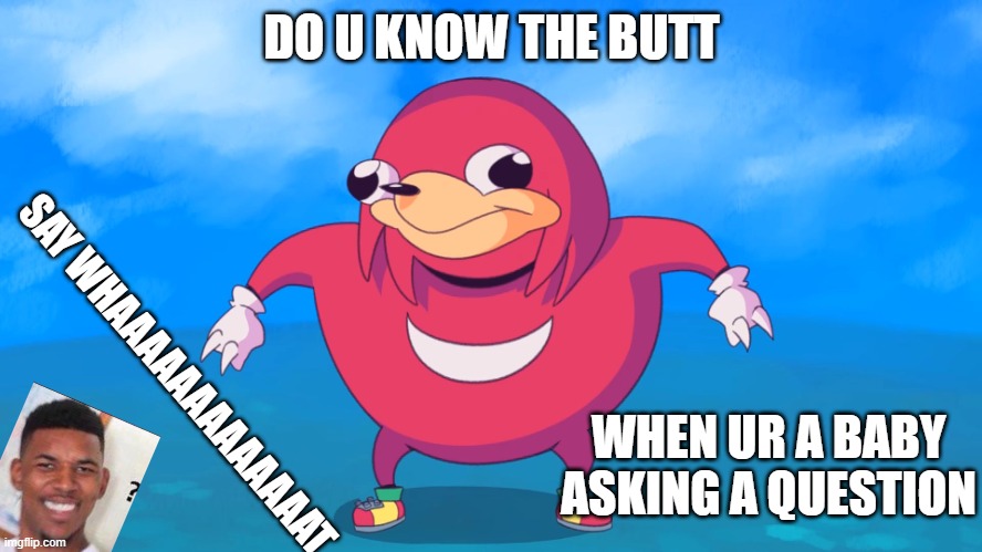 do u know my memes | DO U KNOW THE BUTT; SAY WHAAAAAAAAAAAAAT; WHEN UR A BABY ASKING A QUESTION | image tagged in uganda knuckles | made w/ Imgflip meme maker