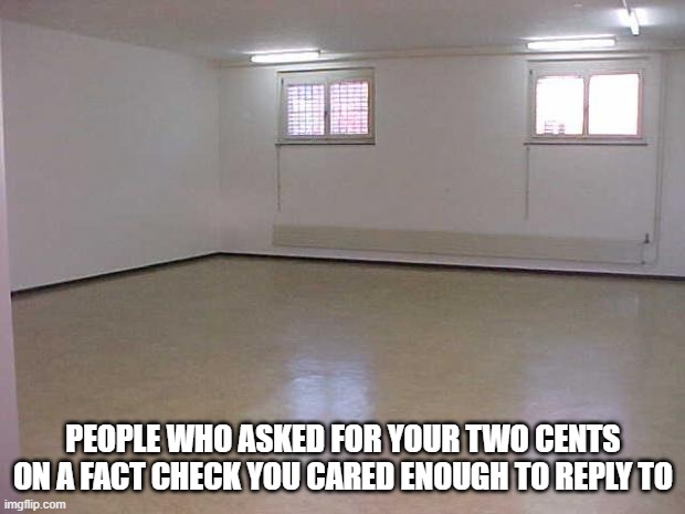 Empty Room | PEOPLE WHO ASKED FOR YOUR TWO CENTS ON A FACT CHECK YOU CARED ENOUGH TO REPLY TO | image tagged in empty room | made w/ Imgflip meme maker
