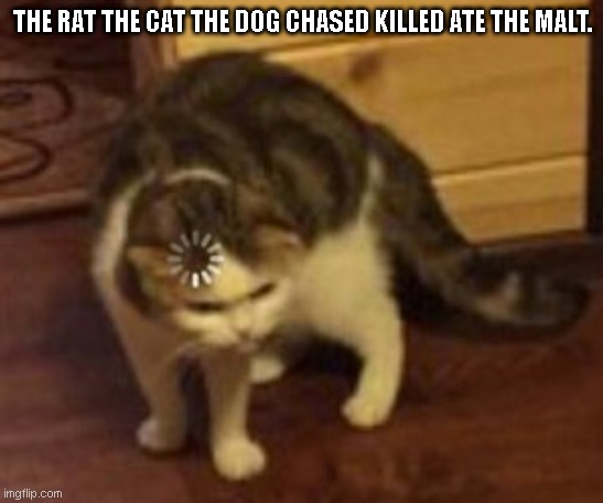 Wait what? | THE RAT THE CAT THE DOG CHASED KILLED ATE THE MALT. | image tagged in loading cat,unbelievable,wait what | made w/ Imgflip meme maker