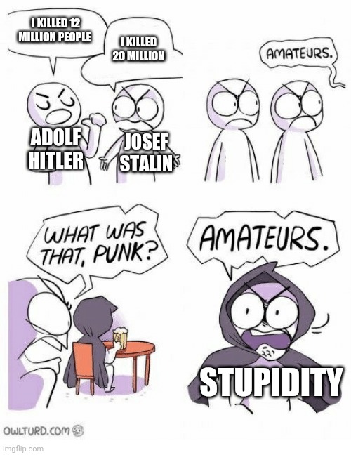 lack of common sense is the real menace to society. | I KILLED 12 MILLION PEOPLE; I KILLED 20 MILLION; ADOLF HITLER; JOSEF STALIN; STUPIDITY | image tagged in amateurs,common sense,stupid people | made w/ Imgflip meme maker