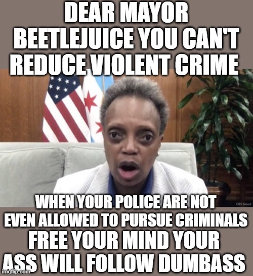 Yep | DEAR MAYOR BEETLEJUICE YOU CAN'T REDUCE VIOLENT CRIME; WHEN YOUR POLICE ARE NOT EVEN ALLOWED TO PURSUE CRIMINALS; FREE YOUR MIND YOUR ASS WILL FOLLOW DUMBASS | image tagged in democrats,fascism | made w/ Imgflip meme maker