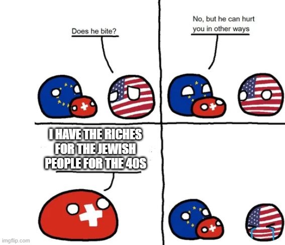 the swis make the us cry coutry balls | I HAVE THE RICHES FOR THE JEWISH PEOPLE FOR THE 40S | image tagged in country balls switzerland does he bite | made w/ Imgflip meme maker