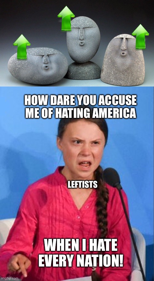 HOW DARE YOU ACCUSE ME OF HATING AMERICA WHEN I HATE EVERY NATION! LEFTISTS | image tagged in oof stones,greta thunberg how dare you | made w/ Imgflip meme maker
