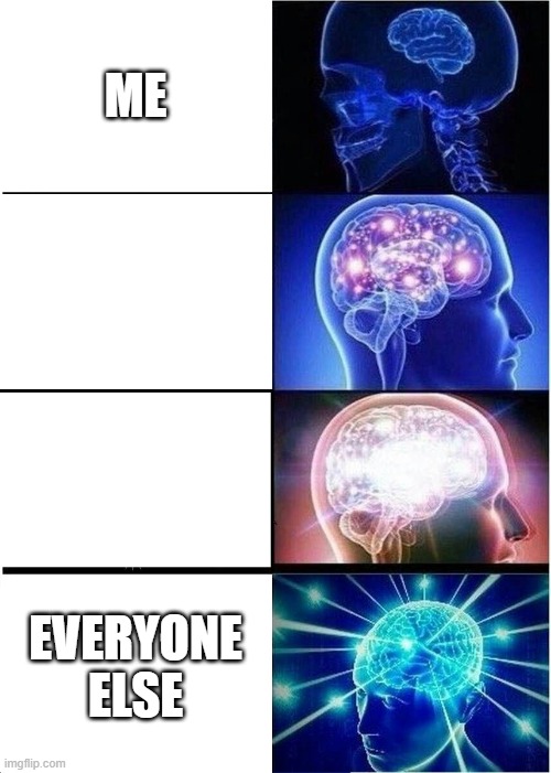 me bad | ME; EVERYONE ELSE | image tagged in memes,expanding brain | made w/ Imgflip meme maker