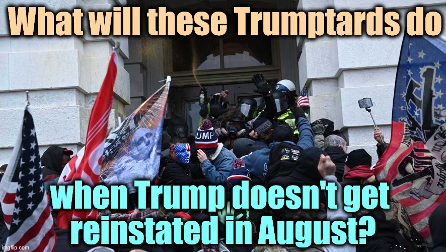 Republicans, each and every one a Republican. | What will these Trumptards do; when Trump doesn't get 
reinstated in August? | image tagged in trump coup riot capitol door,trump,capitol hill,riot | made w/ Imgflip meme maker