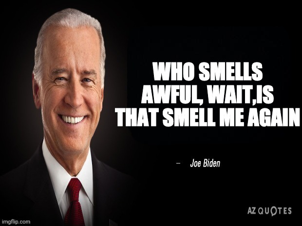 joe biden quote | WHO SMELLS AWFUL, WAIT,IS THAT SMELL ME AGAIN | image tagged in joe biden quote | made w/ Imgflip meme maker