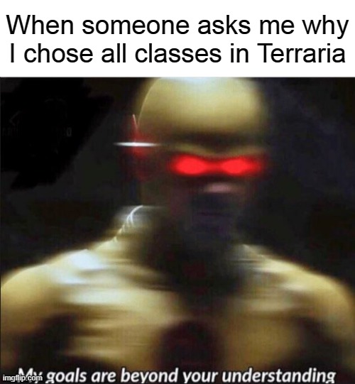 my goals are beyond your understanding | When someone asks me why I chose all classes in Terraria | image tagged in my goals are beyond your understanding,terraria,class | made w/ Imgflip meme maker