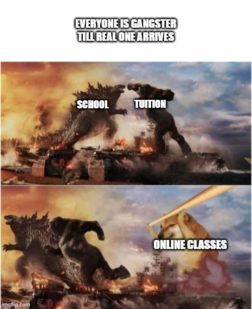 online is best | EVERYONE IS GANGSTER TILL REAL ONE ARRIVES; TUITION; SCHOOL; ONLINE CLASSES | image tagged in kong godzilla doge | made w/ Imgflip meme maker