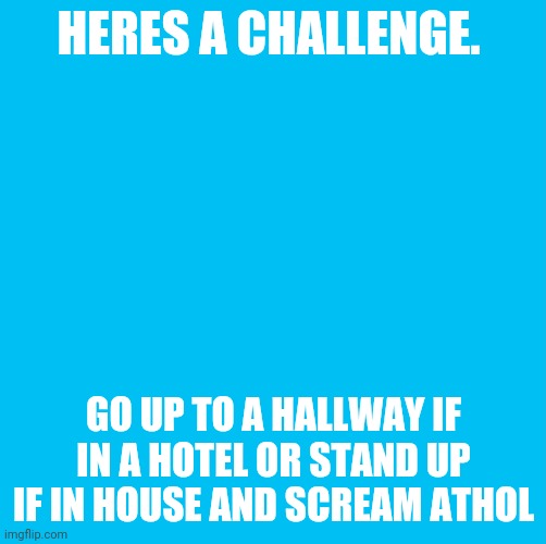 Waterfins memes til you die die die | HERES A CHALLENGE. GO UP TO A HALLWAY IF IN A HOTEL OR STAND UP IF IN HOUSE AND SCREAM ATHOL | image tagged in waterfins memes til you die die die | made w/ Imgflip meme maker