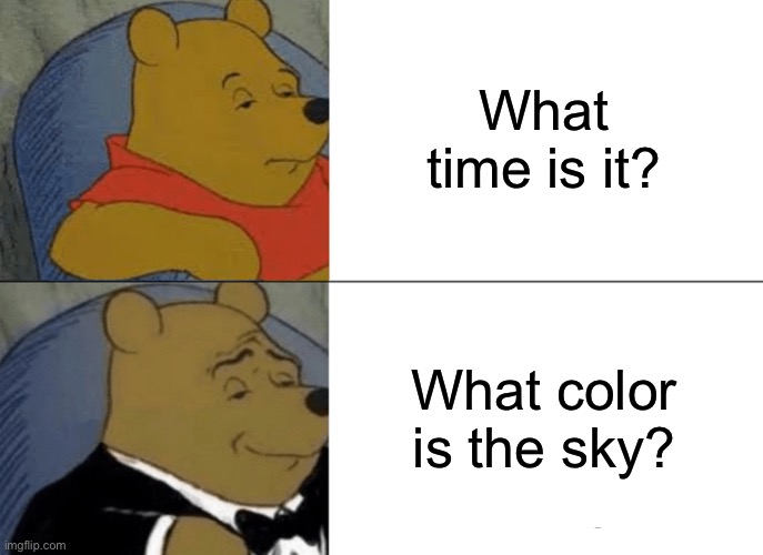 Tuxedo Winnie The Pooh | What time is it? What color is the sky? | image tagged in memes,tuxedo winnie the pooh | made w/ Imgflip meme maker