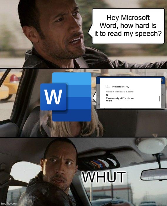 Very difficult to read | Hey Microsoft Word, how hard is it to read my speech? WHUT | image tagged in memes,the rock driving,microsoft word,very difficult | made w/ Imgflip meme maker