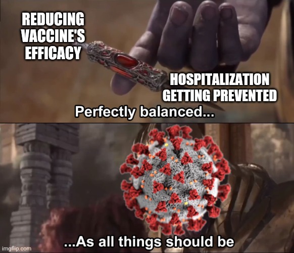Covid | REDUCING VACCINE'S EFFICACY; HOSPITALIZATION GETTING PREVENTED | image tagged in thanos perfectly balanced as all things should be,coronavirus,covid-19,lol,haha,memes | made w/ Imgflip meme maker