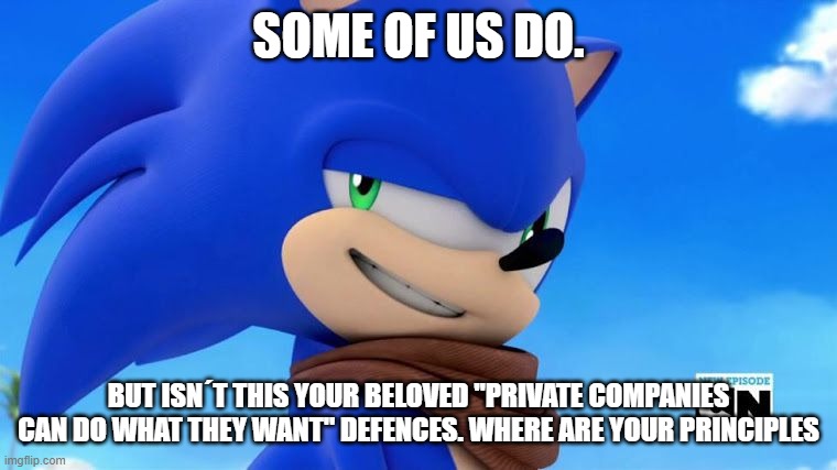 Sonic Meme | SOME OF US DO. BUT ISN´T THIS YOUR BELOVED "PRIVATE COMPANIES CAN DO WHAT THEY WANT" DEFENCES. WHERE ARE YOUR PRINCIPLES | image tagged in sonic meme | made w/ Imgflip meme maker