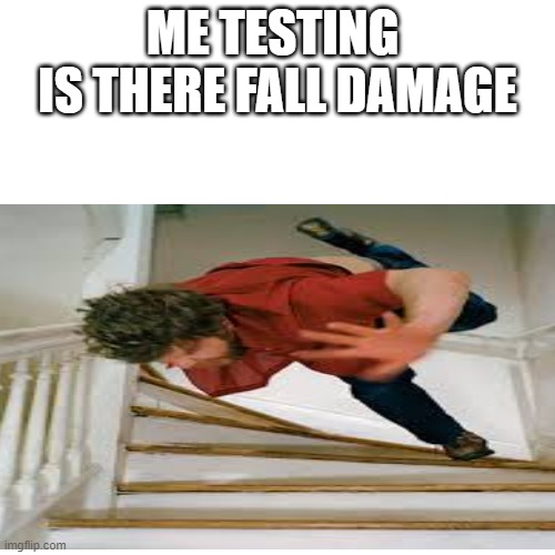 a mock meme | ME TESTING 
IS THERE FALL DAMAGE | image tagged in lol,funny memes | made w/ Imgflip meme maker