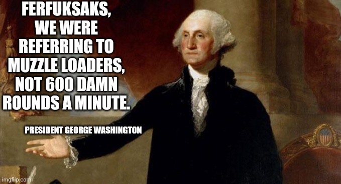 Gun Reform | FERFUKSAKS, WE WERE REFERRING TO MUZZLE LOADERS, NOT 600 DAMN ROUNDS A MINUTE. PRESIDENT GEORGE WASHINGTON | image tagged in george washington | made w/ Imgflip meme maker