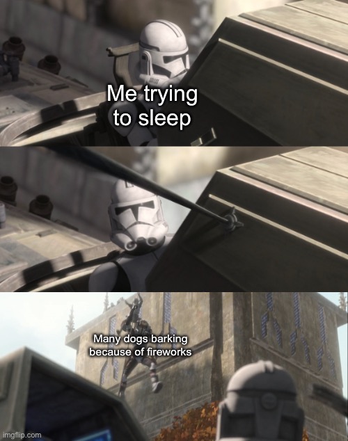 Hate when that happens? | Me trying to sleep; Many dogs barking because of fireworks | image tagged in clone looks at bad batch,bad batch,clone wars,star wars,memes,4th of july | made w/ Imgflip meme maker