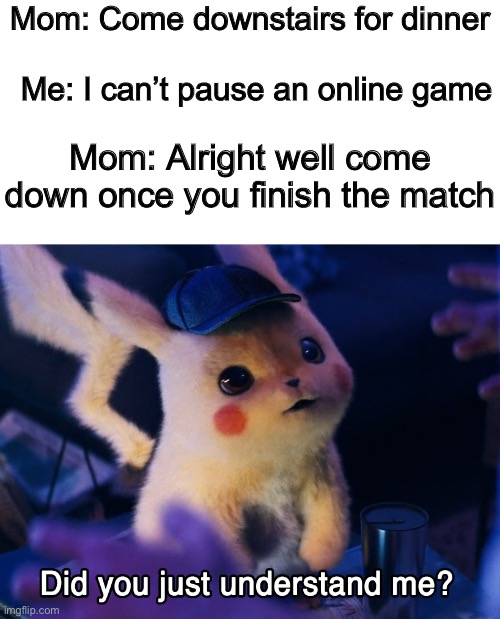 Confused happiness | Mom: Come downstairs for dinner; Me: I can’t pause an online game; Mom: Alright well come down once you finish the match | image tagged in did u understand me,online gaming,funny,memes,funny memes,pokemon | made w/ Imgflip meme maker