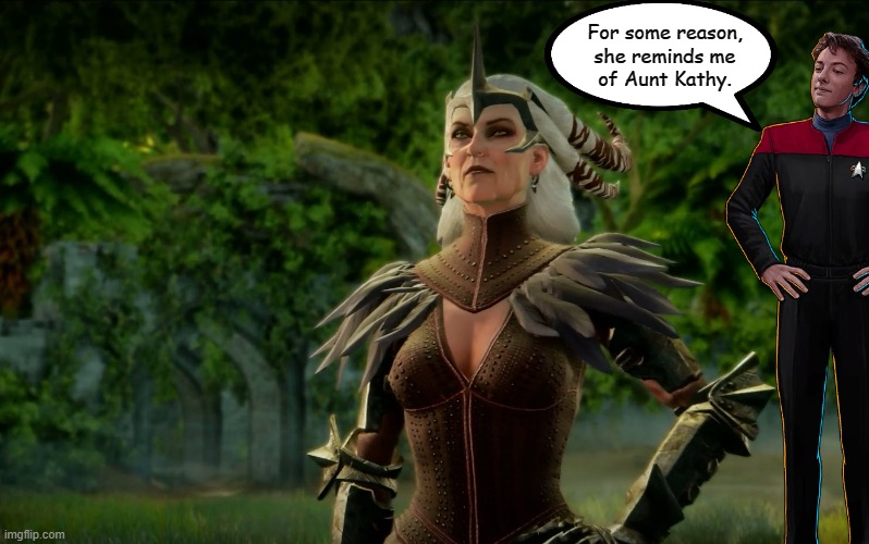Q Junior About Flemeth | For some reason,
she reminds me
of Aunt Kathy. | image tagged in flemeth,q junior,dragon age inquisition,memes,funny | made w/ Imgflip meme maker