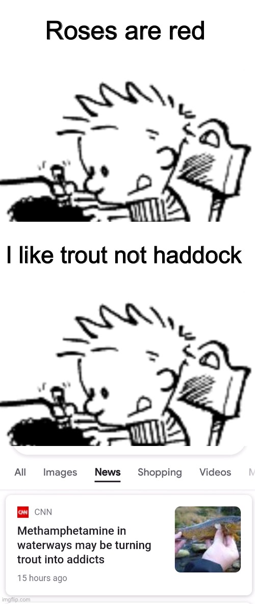 Meth I water? Trouts getting high? Sounds like one heck of a party! |  Roses are red; I like trout not haddock | image tagged in meth,trout,funny meme,roses are red,calvin and hobbes | made w/ Imgflip meme maker
