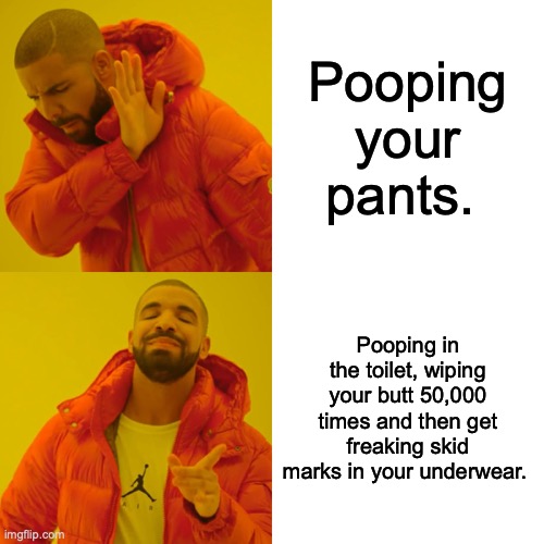 Drake Hotline Bling Meme | Pooping your pants. Pooping in the toilet, wiping your butt 50,000 times and then get freaking skid marks in your underwear. | image tagged in memes,drake hotline bling,poop,toilet humor,underwear | made w/ Imgflip meme maker