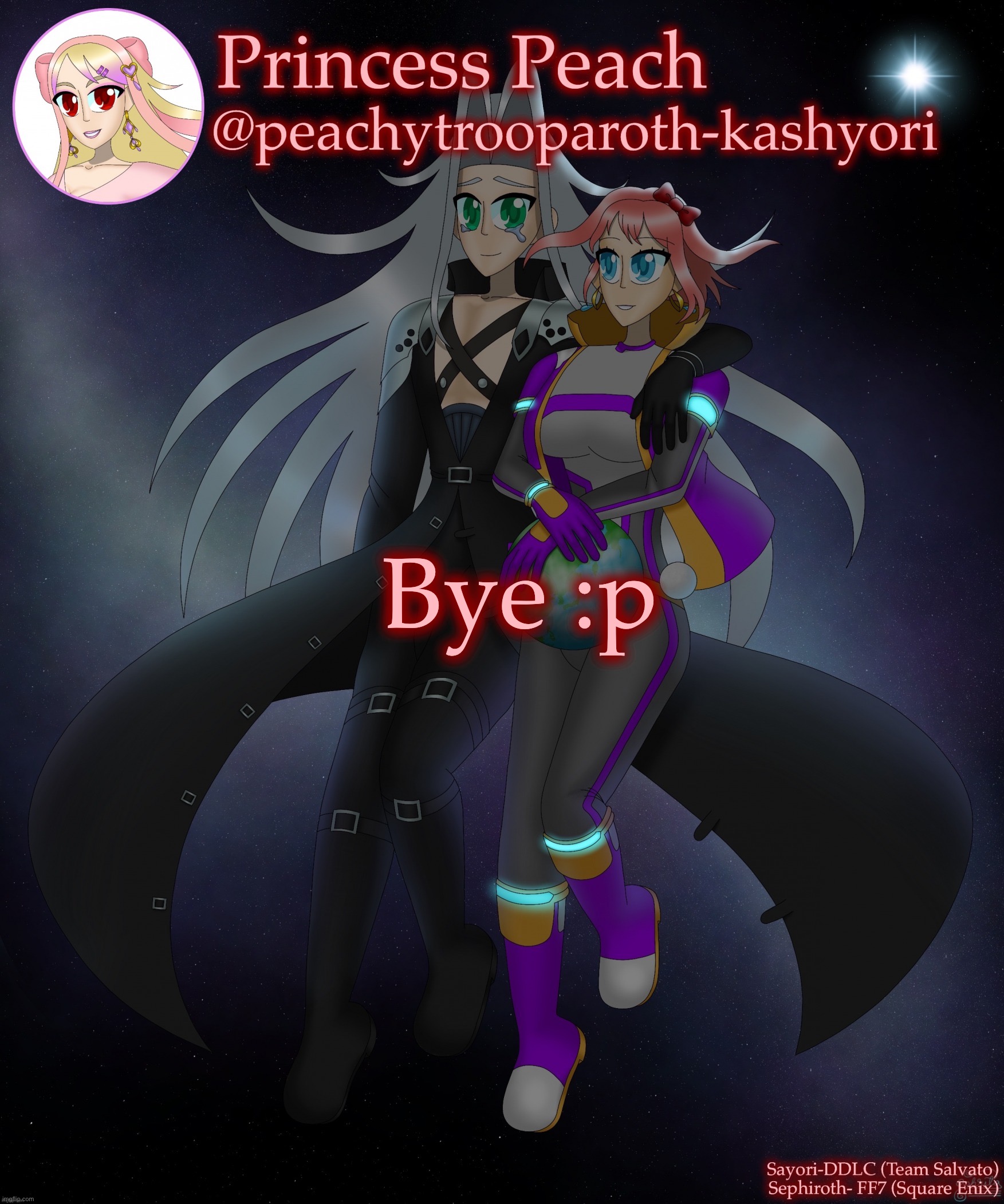 Sayori and Sephiroth | Bye :p | image tagged in sayori and sephiroth | made w/ Imgflip meme maker