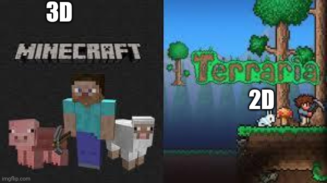 minecraft and terraria | 3D 2D | image tagged in minecraft and terraria | made w/ Imgflip meme maker