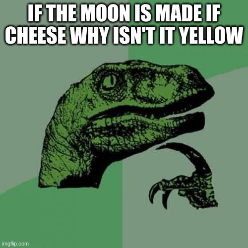 hmmmmmmmmmmmmmm? | IF THE MOON IS MADE IF CHEESE WHY ISN'T IT YELLOW | image tagged in memes,philosoraptor | made w/ Imgflip meme maker