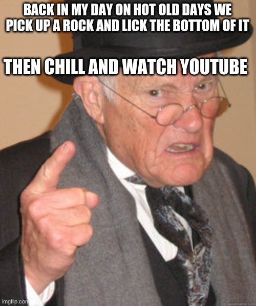 Back In My Day | THEN CHILL AND WATCH YOUTUBE; BACK IN MY DAY ON HOT OLD DAYS WE PICK UP A ROCK AND LICK THE BOTTOM OF IT | image tagged in memes,back in my day | made w/ Imgflip meme maker
