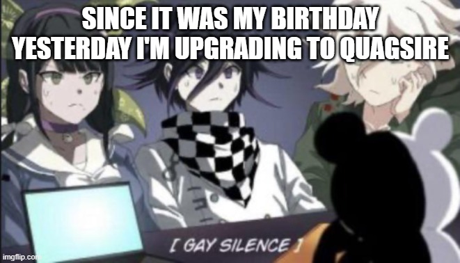 E | SINCE IT WAS MY BIRTHDAY YESTERDAY I'M UPGRADING TO QUAGSIRE | image tagged in gay silence | made w/ Imgflip meme maker