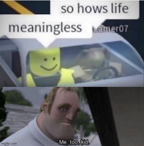 Meaningless life. | image tagged in me too kid,roblox | made w/ Imgflip meme maker
