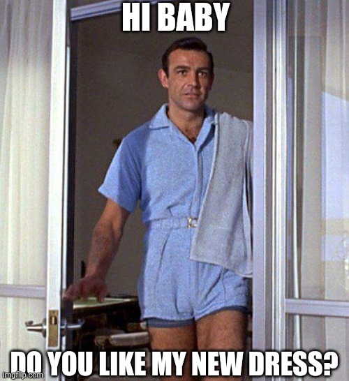 James Bond romper | HI BABY; DO YOU LIKE MY NEW DRESS? | image tagged in james bond romper | made w/ Imgflip meme maker