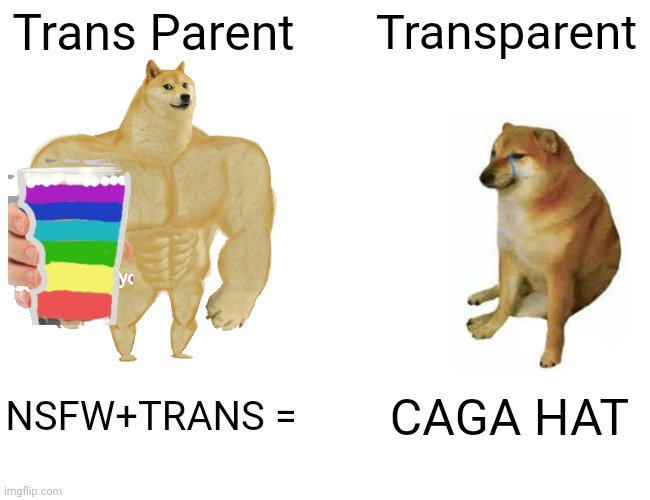 Trans Parent vs Transparent Here Rainbow Milk | Trans Parent; Transparent; NSFW+TRANS =; CAGA HAT | image tagged in memes,buff doge vs cheems | made w/ Imgflip meme maker