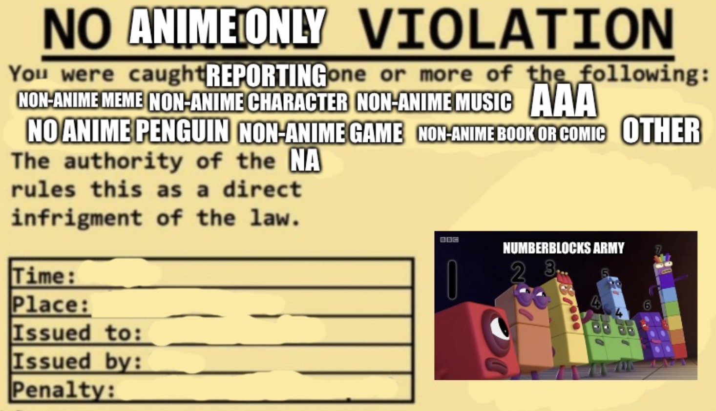 High Quality No anime only violation Blank Meme Template
