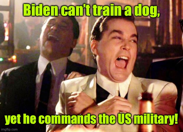 Goodfellas Laugh | Biden can’t train a dog, yet he commands the US military! | image tagged in goodfellas laugh | made w/ Imgflip meme maker