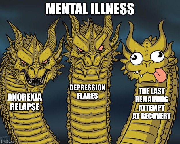 Relapse | MENTAL ILLNESS; DEPRESSION FLARES; THE LAST REMAINING ATTEMPT AT RECOVERY; ANOREXIA RELAPSE | image tagged in three-headed dragon | made w/ Imgflip meme maker