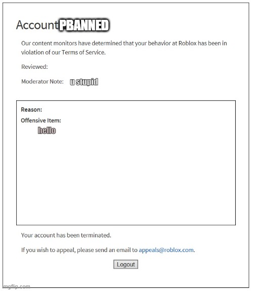 hello banned | PBANNED; u stupid; hello | image tagged in banned from roblox | made w/ Imgflip meme maker