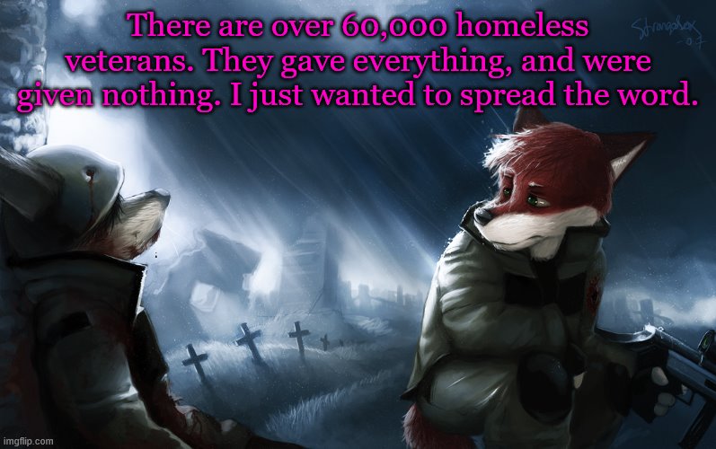 *Sad Rabbit Noises* | There are over 60,000 homeless veterans. They gave everything, and were given nothing. I just wanted to spread the word. | image tagged in not my art,press f to pay respects,veterans | made w/ Imgflip meme maker