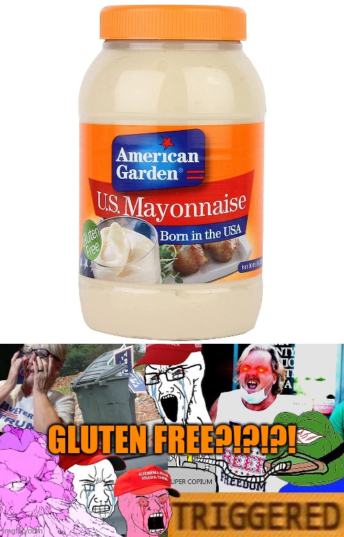 GLUTEN FREE?!?!?! | image tagged in this image cannot be used in the politics stream,triggered trump worshippers | made w/ Imgflip meme maker