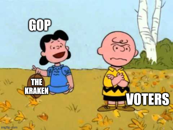 GOP | GOP; THE KRAKEN; VOTERS | image tagged in lucy football and charlie brown | made w/ Imgflip meme maker