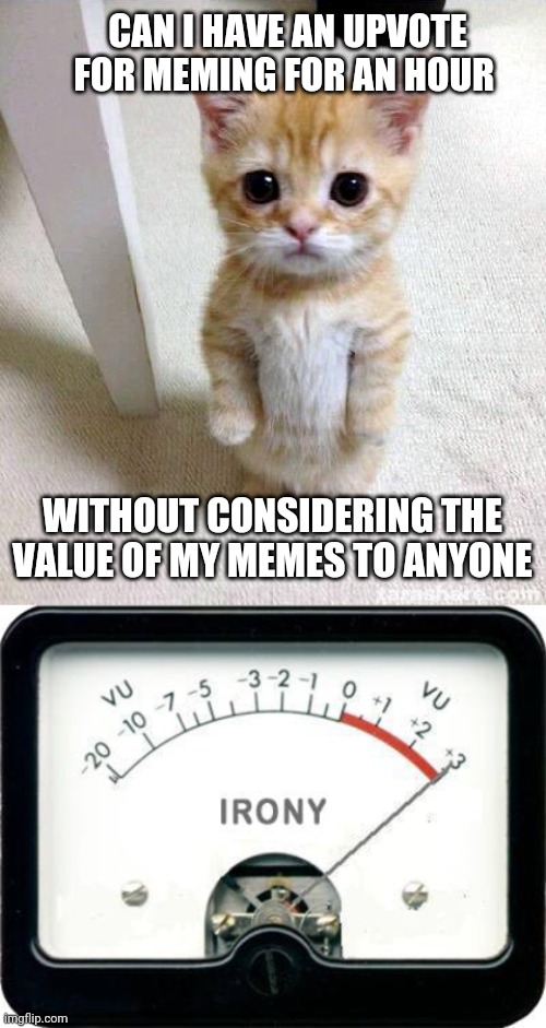 This was a good session. | CAN I HAVE AN UPVOTE FOR MEMING FOR AN HOUR; WITHOUT CONSIDERING THE VALUE OF MY MEMES TO ANYONE | image tagged in memes,cute cat,irony meter | made w/ Imgflip meme maker