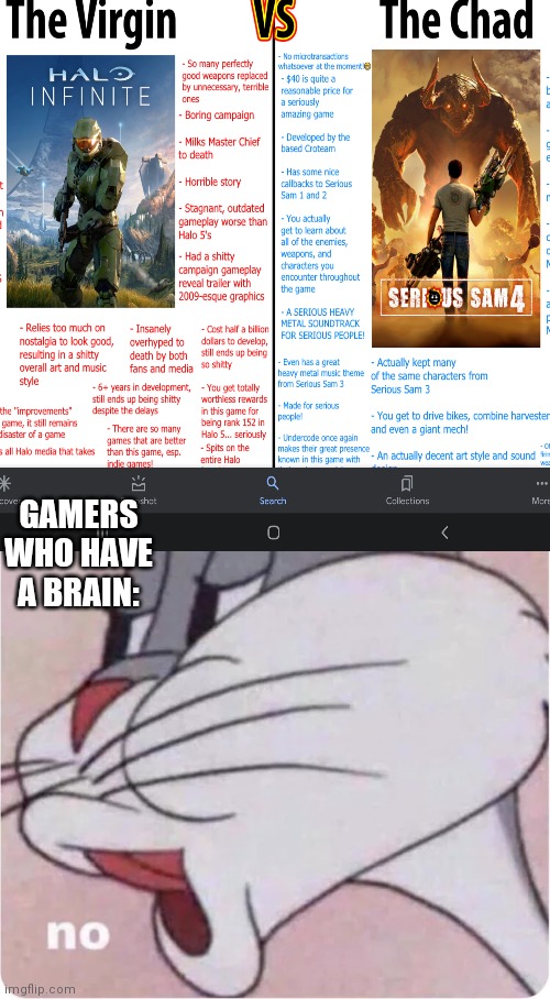 Real gamers don't throw hate on Halo: Infinite! Besides the game didn't even release yet! | GAMERS WHO HAVE A BRAIN: | image tagged in bugs bunny no,real,gamers | made w/ Imgflip meme maker