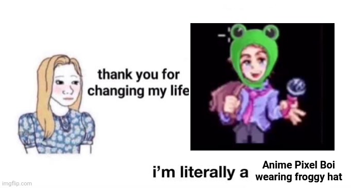 thank you for changing my life | Anime Pixel Boi wearing froggy hat | image tagged in thank you for changing my life | made w/ Imgflip meme maker