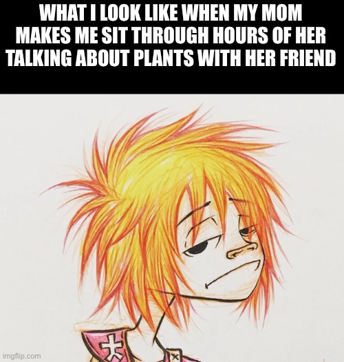 Day22 of making memes from random photos of characters I love until I love myself | WHAT I LOOK LIKE WHEN MY MOM MAKES ME SIT THROUGH HOURS OF HER TALKING ABOUT PLANTS WITH HER FRIEND | image tagged in shut up,plants,moms | made w/ Imgflip meme maker