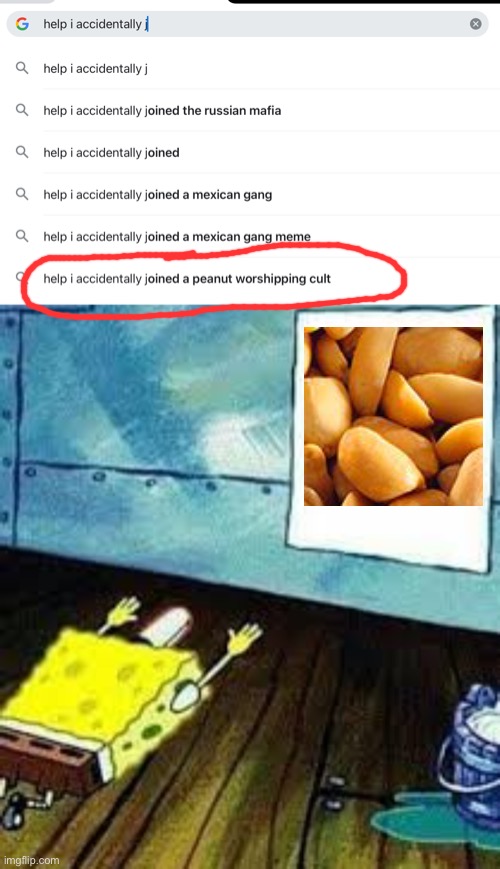 Now there’s a peanut cult??? | image tagged in spongebob worship,funny,help i accidentally,peanuts,google search,stupid | made w/ Imgflip meme maker