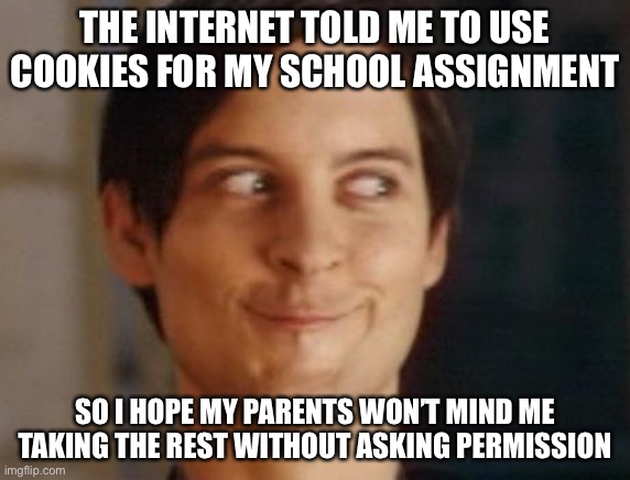 lol | THE INTERNET TOLD ME TO USE COOKIES FOR MY SCHOOL ASSIGNMENT; SO I HOPE MY PARENTS WON’T MIND ME TAKING THE REST WITHOUT ASKING PERMISSION | image tagged in memes,spiderman peter parker | made w/ Imgflip meme maker